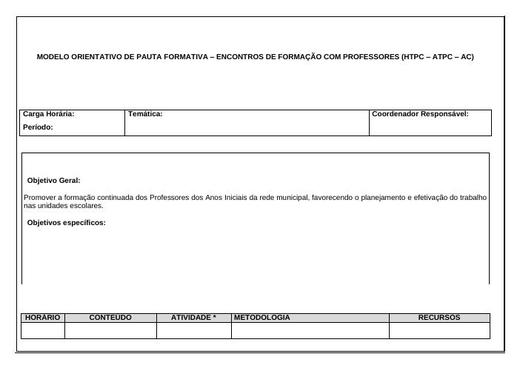 Capa: Ficha de Orientações Pauta Formativa HTPC - ATPC - AC