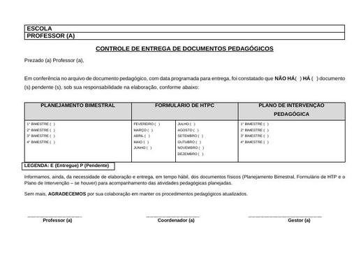 Capa: Ficha de Controle de Entrega de Documentação Pedagógica