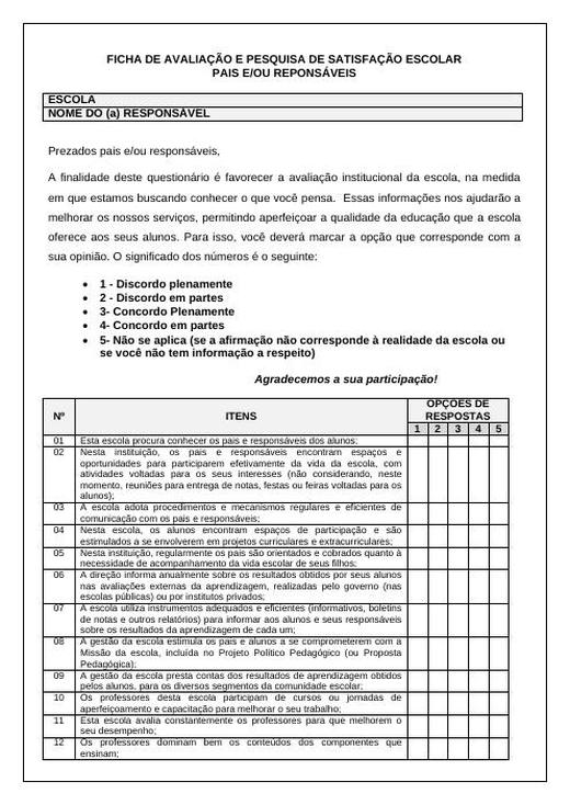 Capa do material nº 082: Ficha de Avaliação e Pesquisa de Satisfação com Pais e ou Responsáveis