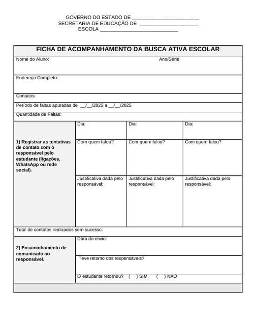 Capa: Ficha de Acompanhamento da Busca Ativa Escolar